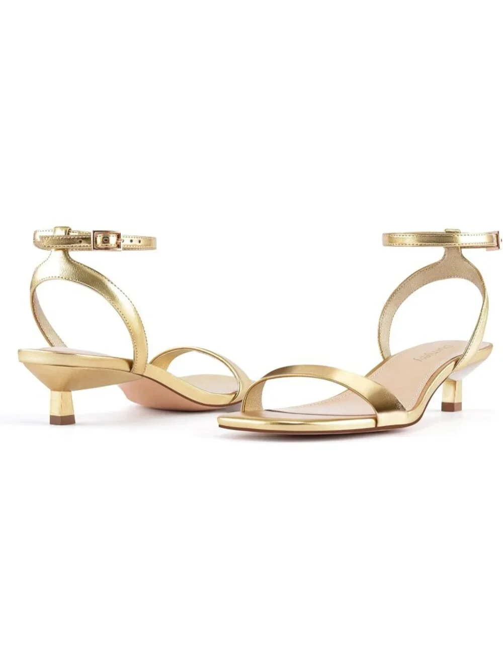 Women's Gold Faux Leather Square Open Toe Ankle Strap Kitten Heeled Sandals